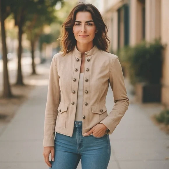 Vintage Suede Women's Tan Military Style Jacket - Picture 2 of 8